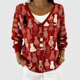 Viktoria | Bequeme Strickjacke mit Katzen auf Rot