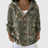 Marlene | Bequeme Kapuzen-Strickjacke mit Blüten auf Olivgrün