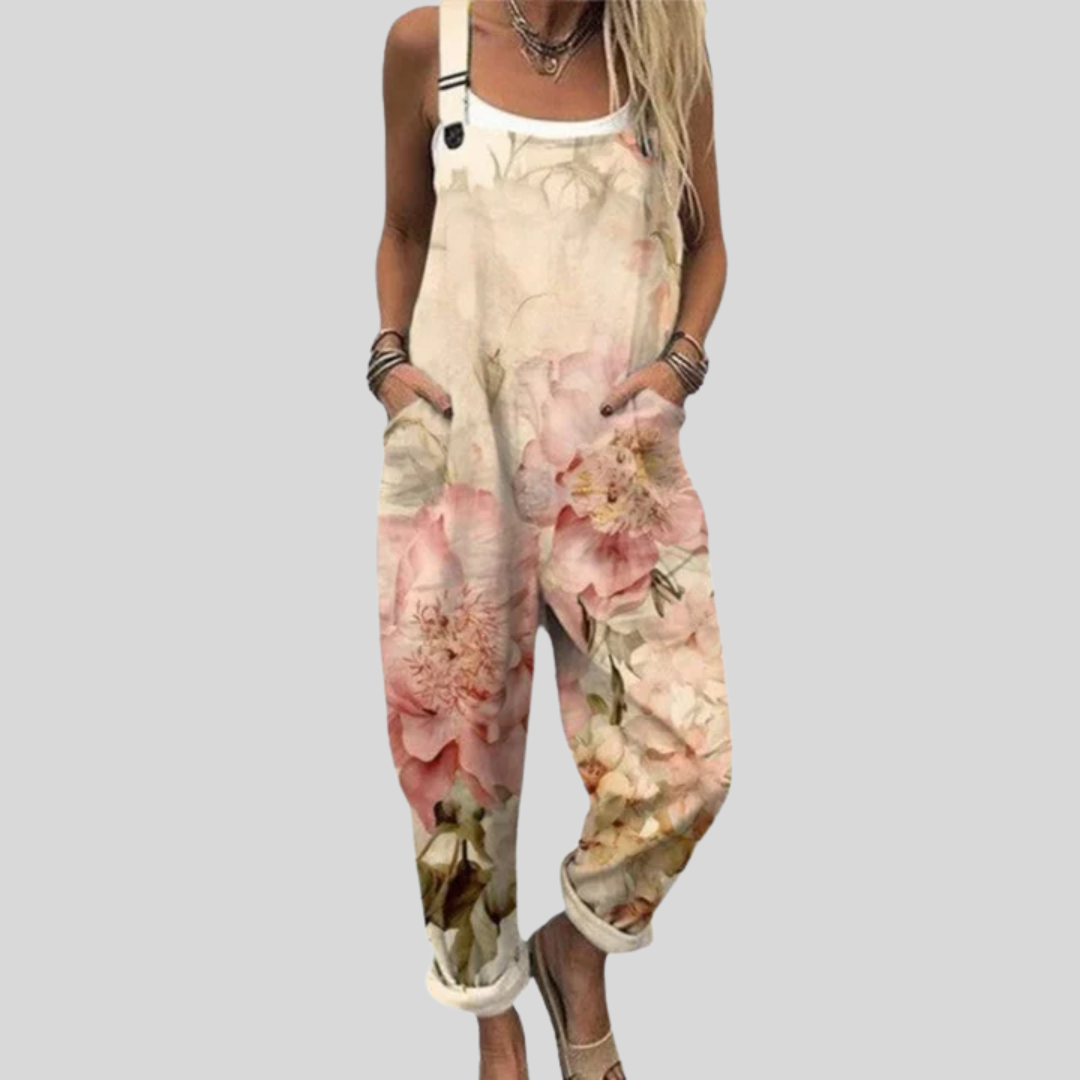 Latzhose mit Aquarell-Rosen Creme von Stefanie Berlin