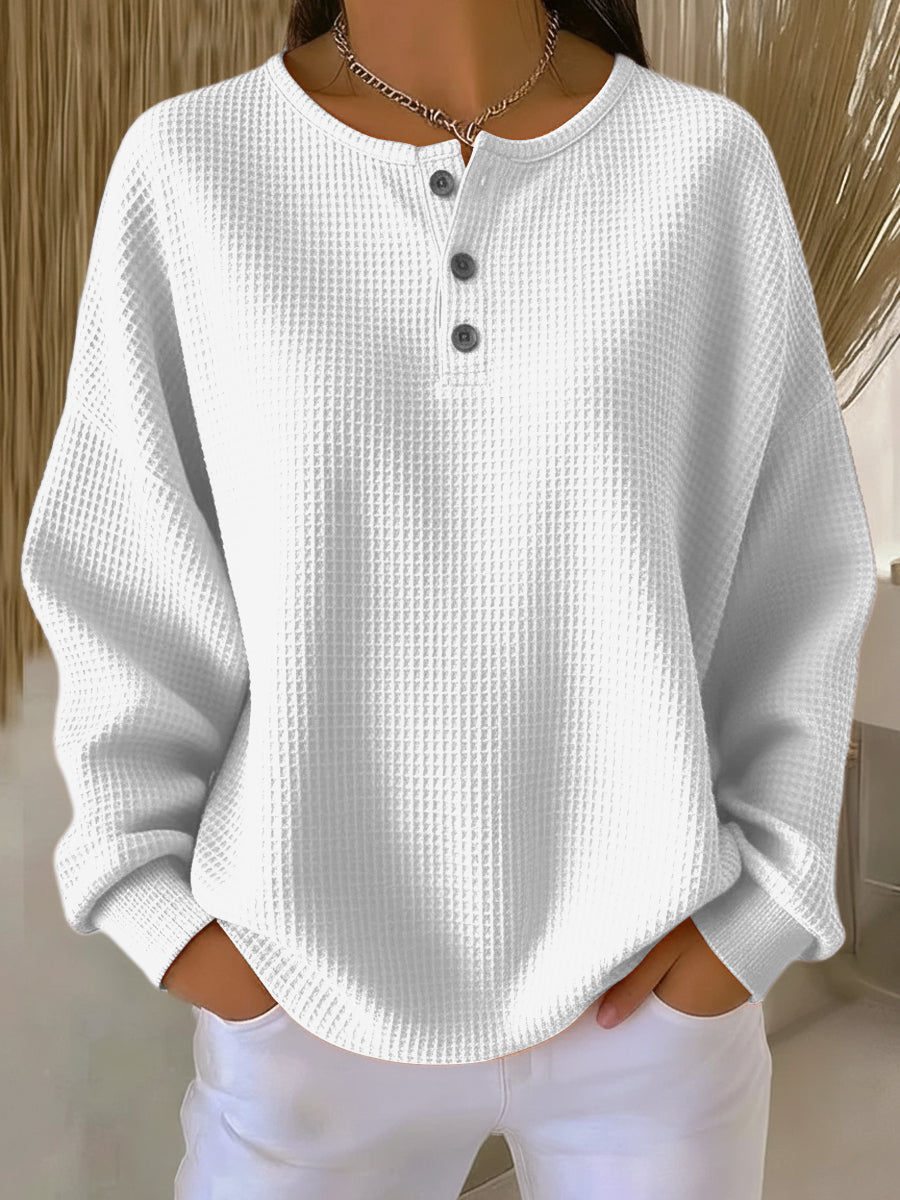Christa | Unifarbener Waffelstrick-Pullover mit Knöpfen, Ansicht 2