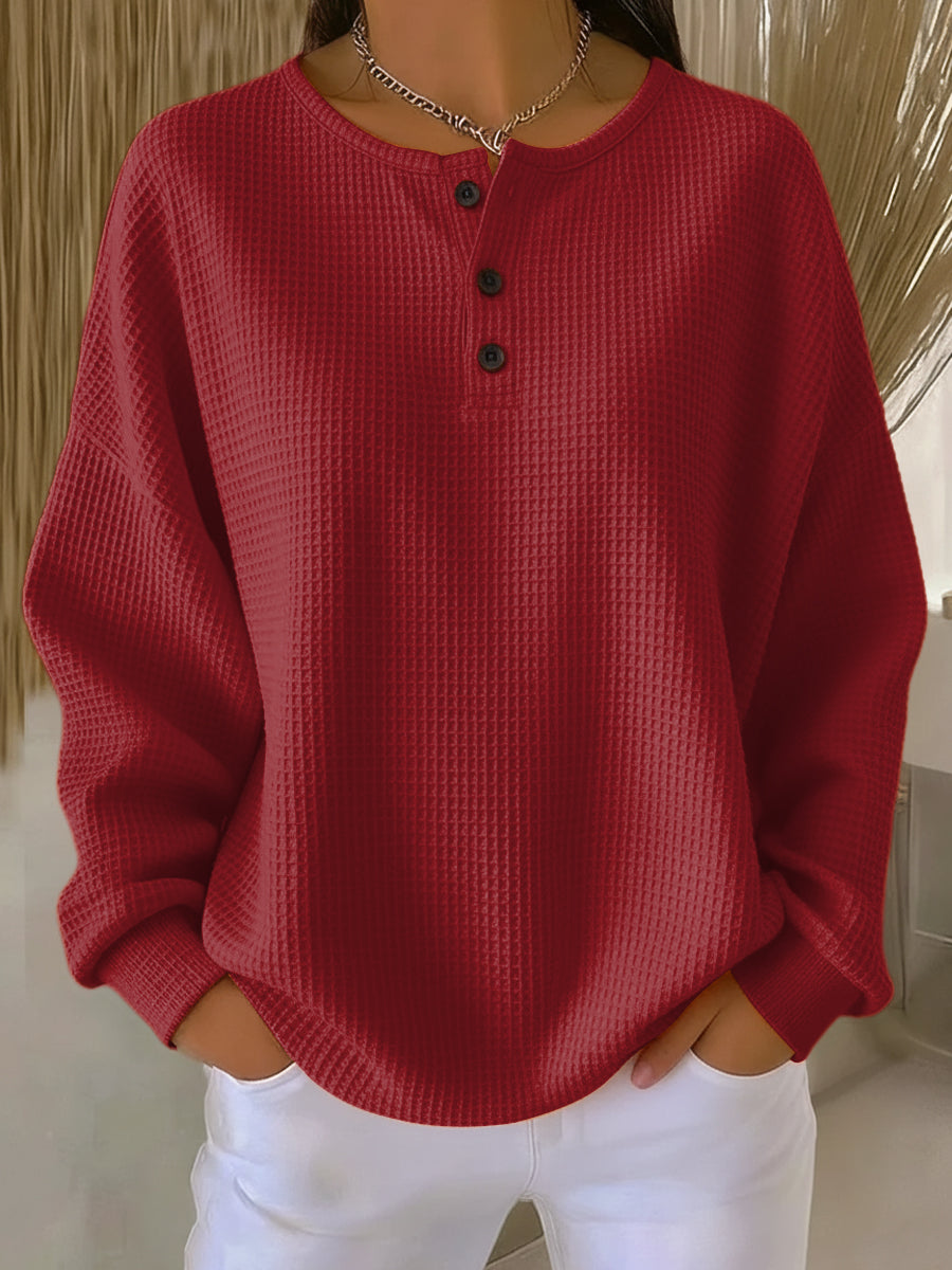 Christa | Unifarbener Waffelstrick-Pullover mit Knöpfen, Ansicht 3