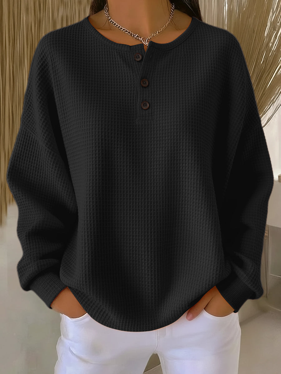 Christa | Unifarbener Waffelstrick-Pullover mit Knöpfen, Ansicht 4
