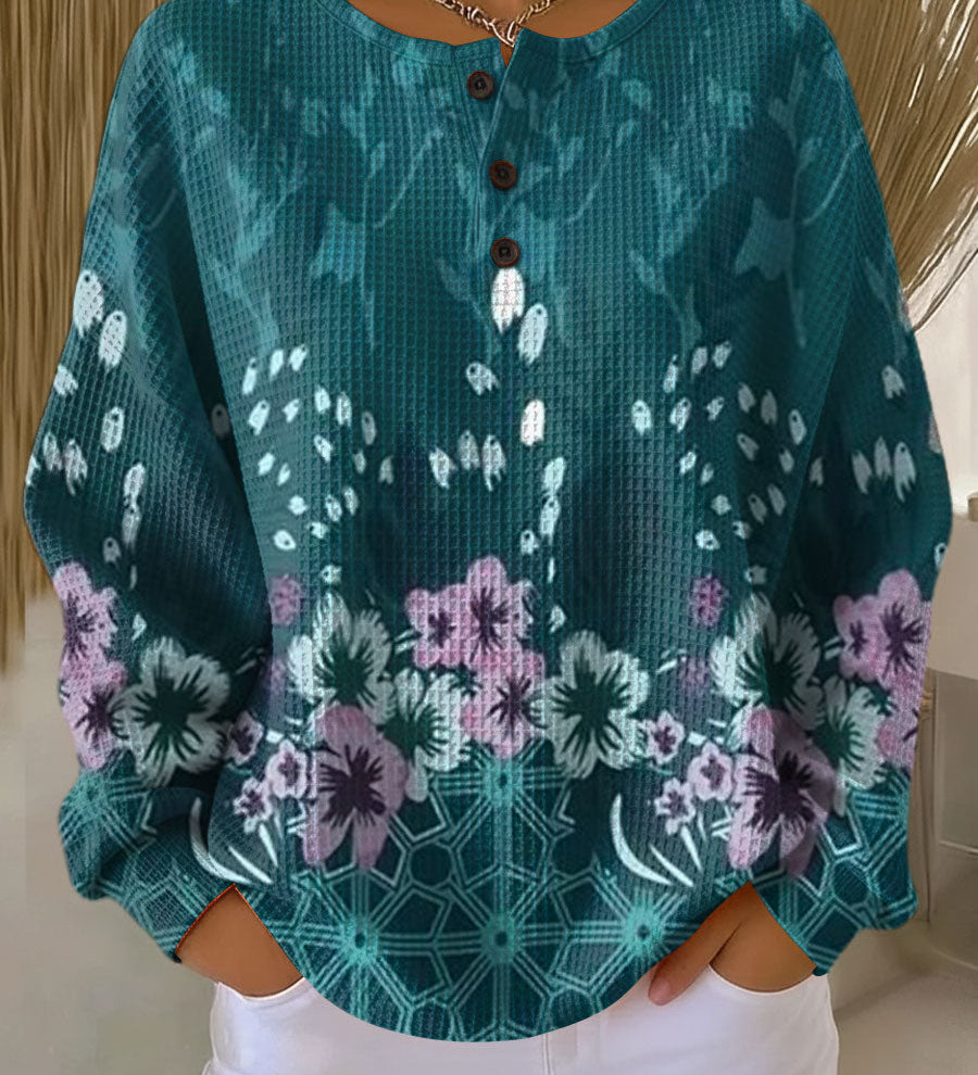 Elke | Waffelstrick-Pullover mit Blumen auf Petrol | Stefanie Berlin