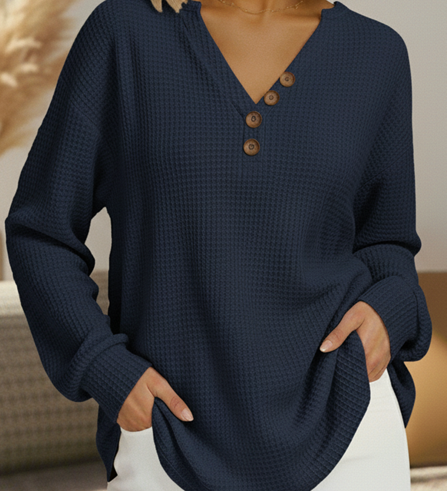 Ute | Unifarbener Waffelstrick-Pullover mit V-Ausschnitt, Ansicht 2