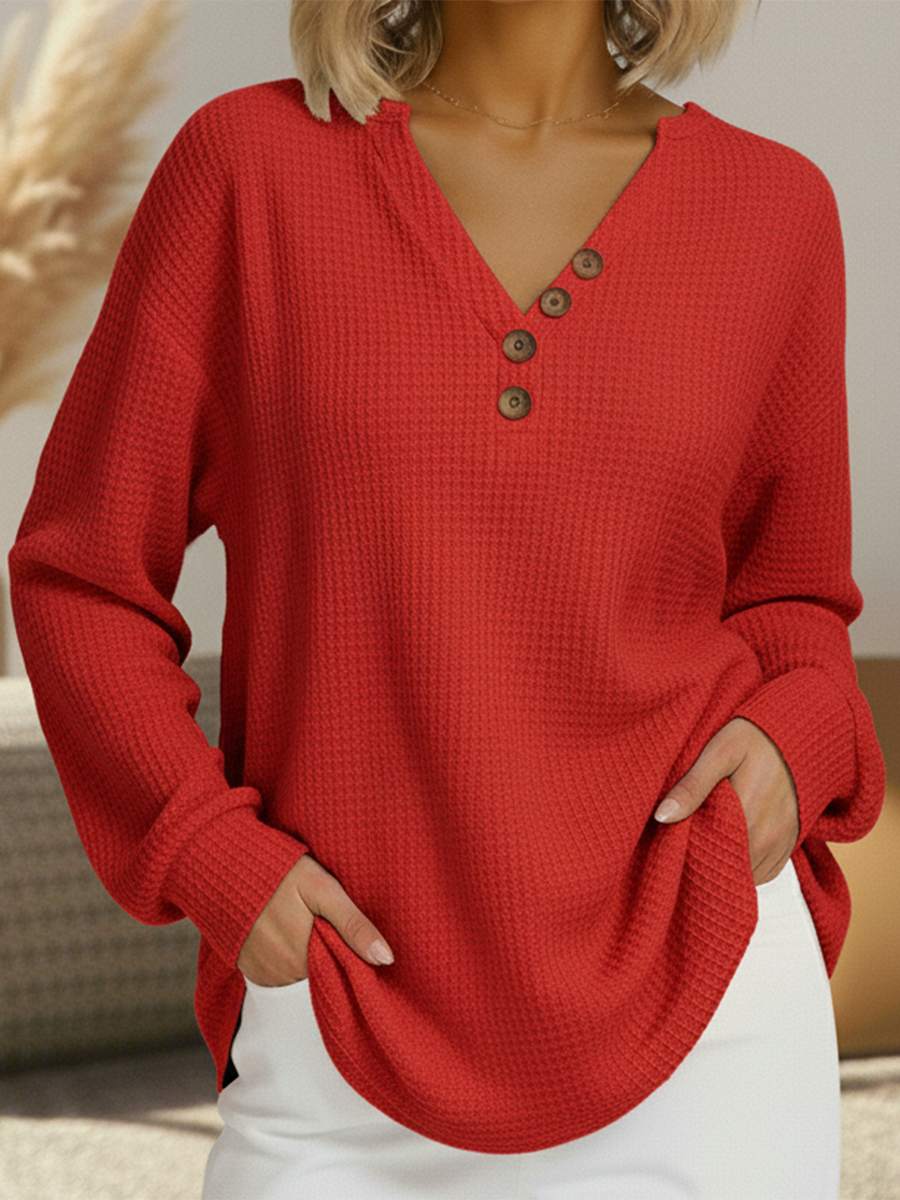 Ute | Unifarbener Waffelstrick-Pullover mit V-Ausschnitt, Ansicht 3